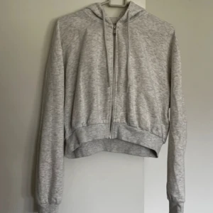 Grå croppad hoodie från H&M Divided - Säljer en ljusgrå croppad hoodie från H&M Divided. Tröjan har huva, dragsko och dragkedja framtill. Tillverkad i mjuk bomullsblandning och har långa ärmar med muddar. Perfekt för en chill och avslappnad stil.
