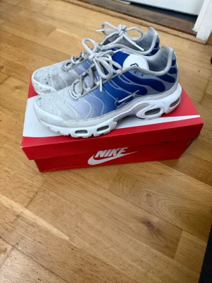 Nike tn royal blue fade  - Nike Air Max Plus sneakers i blått och vitt med silverfärgade detaljer. Skorna har klassisk snörning, vågigt mönster på ovandelen och synlig luftdämpning i sulan. Perfekta för dig som gillar sportig och retro stil. Denna färgen släpptes som ett limiterat dropp 2023, fläckar finns, kan gå bort men inte testat, köpte dem nya på footlocker men eftersom de lagt ner infogar jag en screenshot från sneak.se på sista bilden. Pris kan diskuteras!