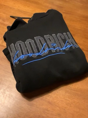 Hoodrich hoodie  - Säljer en svart hoodie från Hoodrich med stor logga i grått och blått broderi på bröstet. Klassisk huva med dragsko och magficka framtill. Perfekt för dig som gillar streetwear och vill ha en stilren men ändå iögonfallande look.