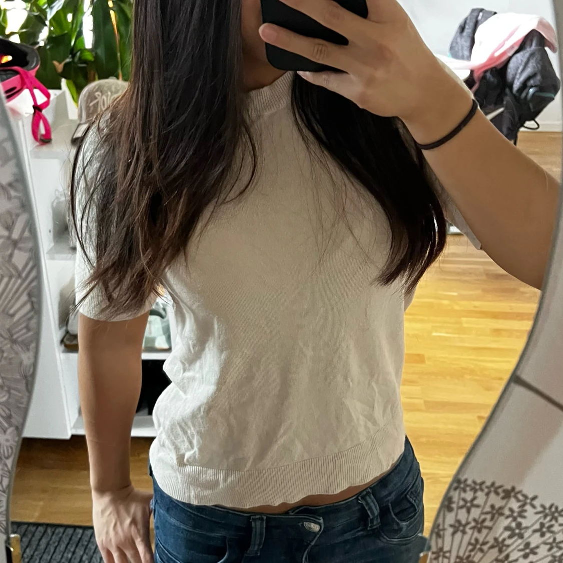 Beige stickad kortärmad topp - 1