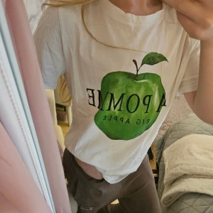 Super gullig vit t-shirt med grön äppleprint H&M - Säljer en jätte söt vit t-shirt från H&M i storlek S med stort grönt äpple och texten 'LA POMME BIG APPLE' på framsidan. Klassisk rund hals och korta ärmar. Tillverkad i mjuk bomull. Är använd men har inga tecken på fläckar, skador eller andra slitage. Säljer den då den tyvärr inte längre kommer till användning. Nypris runt 150 kr.
