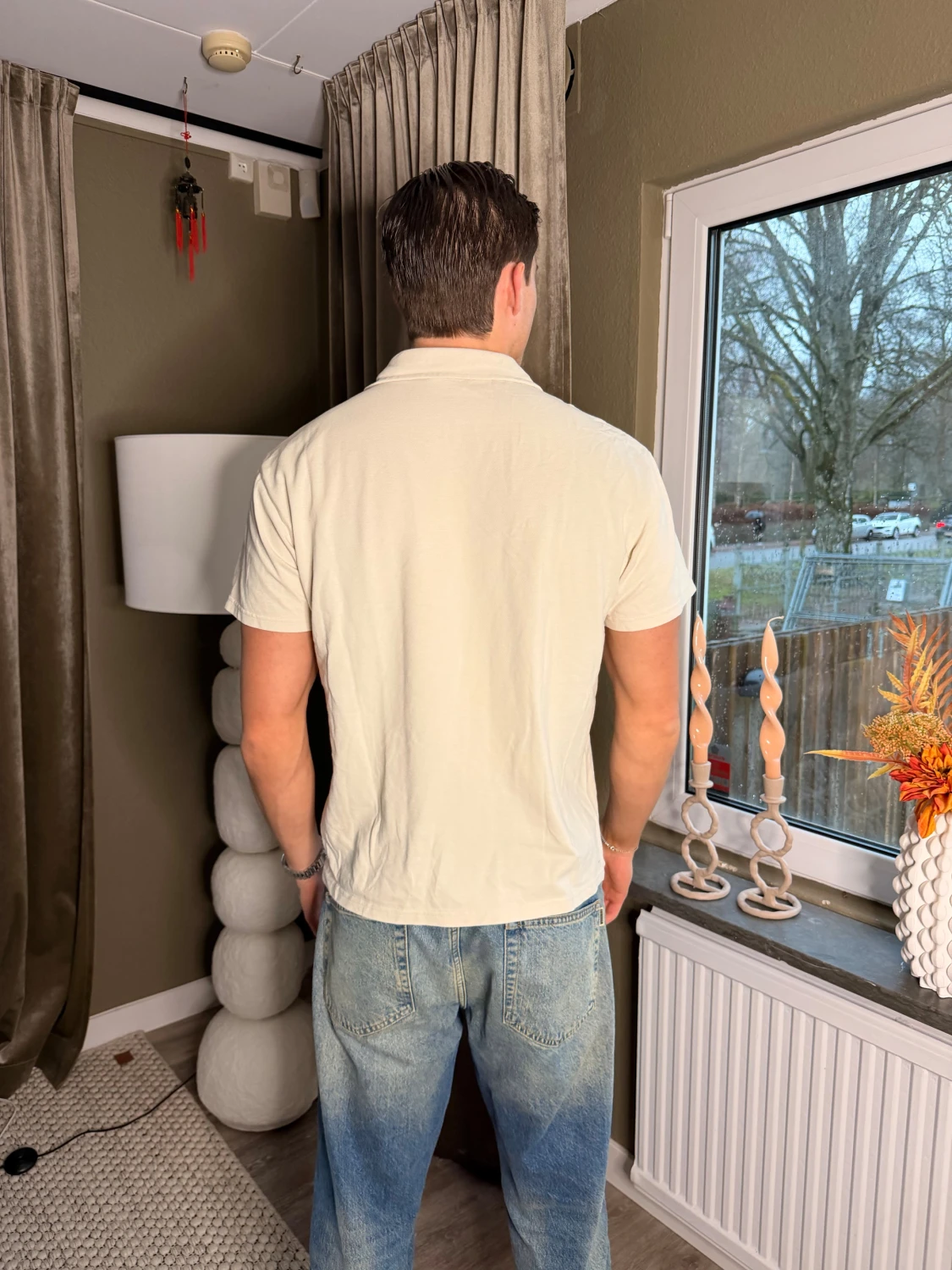 Beige kortärmad t-shirt med krage från solid  - 1