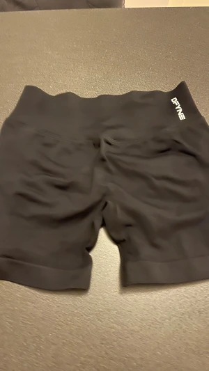 Svarta seamless shorts från DFYNE - Säljer ett par svarta seamless shorts från DFYNE med hög midja och tight passform. Materialet är stretchigt och perfekt för träning. Diskret logga framtill och snygg scrunch-effekt bak för extra form. Riktigt bekväma och stilrena shorts för gymmet.