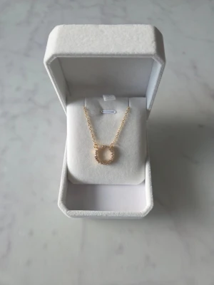 Halsband med cirkel och stenar - Snyggt halsband  med tunn kedja och en rund cirkelberlock dekorerad med små glittrande vita stenar. Perfekt för dig som gillar stilrena smycken med lite extra bling.