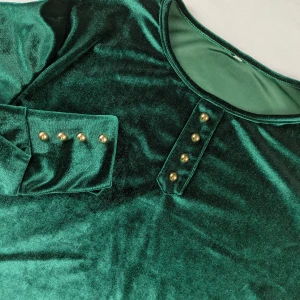 Dark green velour top. Size XL - Long sleeved top with velour/velvet feel material  Size XL  Dark green (darker than the photos)  Decorative buttons on cuffs and chest  Perfect for Christmas time  Armpit to armpit approx 47cm  Length approx 60cm  ! There seems to be some lines in the pattern of the fabric. Please see last photo
