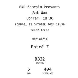 12 oktober 2024 har antwan sin konsert har två biljetter som inte kommer komma till användning  B-läktaren 