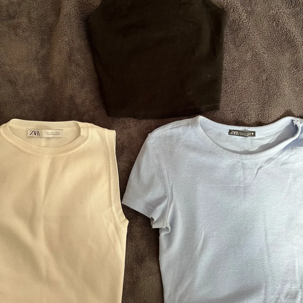 Säljer dessa 3 tillsammans för 90 kr, alla tre är från zara och i storlek S 💕 Bra skick. T-shirts.