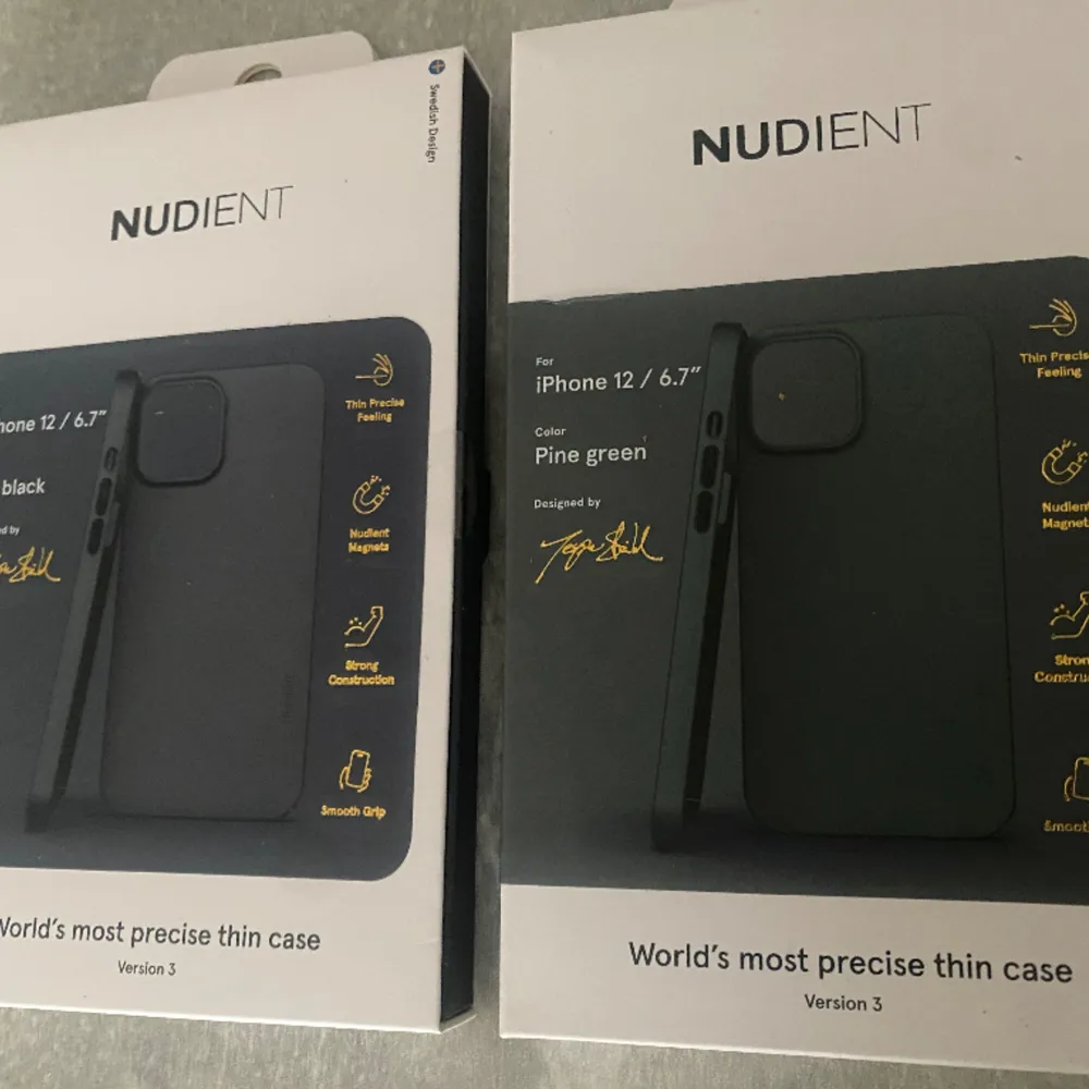 Två nya och oanvända skal från Nudient som passar iPhone 12. Ett svart skal och ett skal i ”pine-green”.  40 kr styck.. Övrigt.