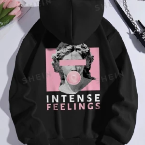 svart hoodie  - söt hoodie från shein med tryck på ryggen, knappt använd  inte min bild