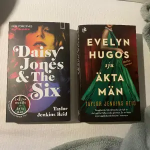 Böckerna Daisy Jones and the six och Evelyn Hugos sju äkta män av Taylor Jenkins Reid.  Böckerna är på svenska. Nästan nyskick, aldrig använt 😊 100 kr för båda men är du bara intresserad av en så går det såklart att diskutera också💕