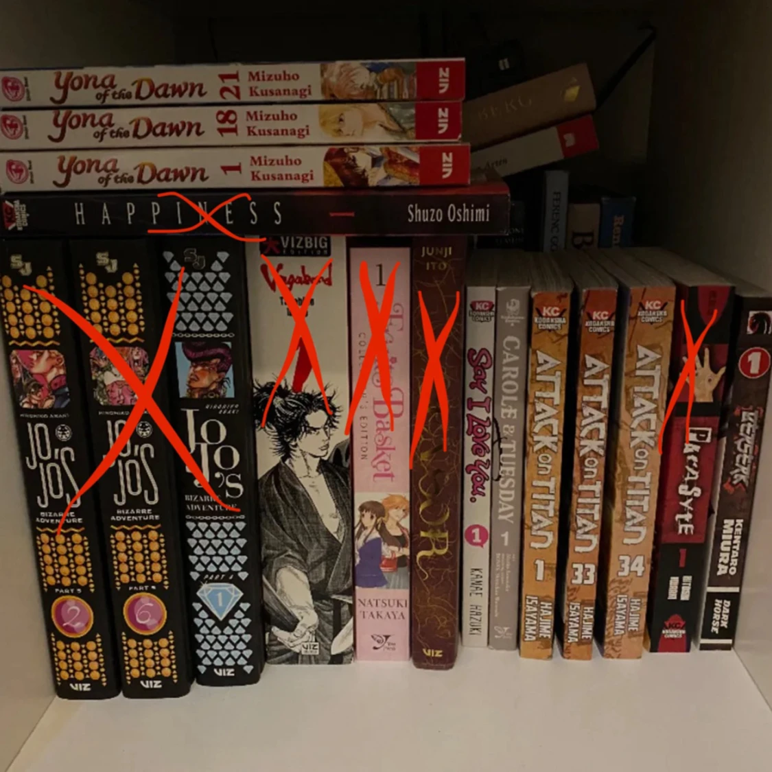 blandad manga, jojos bizarre adventure, attack on titan, fruits basket, berserk