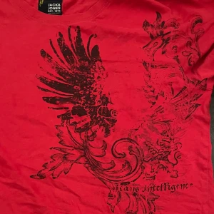 Printed röd t shirt - Thrifted från second hand, jätte cool printad tröja från 19talet använder int längee görna köp elr fråga frågor!