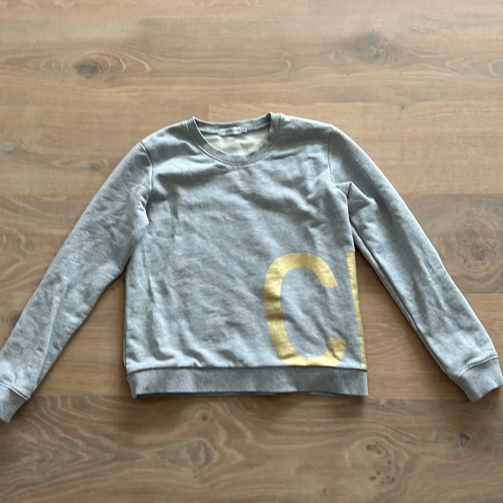 En grå sweatshirt från Calvin Klein med guldiga detaljer. Är i väldigt bra skick och har bara används nån enstaka gång. Är köpt på Calvin Klein barnavdelningen för 14år och motsvarar storlek xs/xxs. Hoodies.