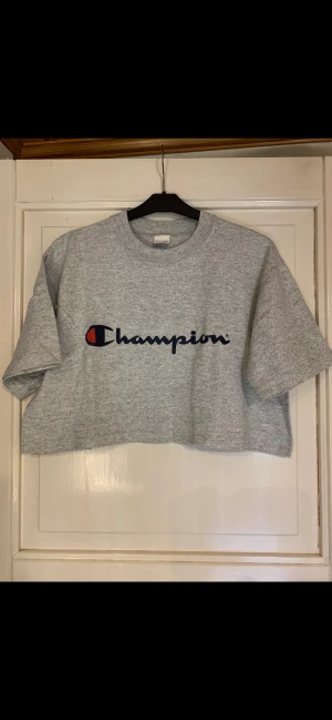 Champion Cropped Tröja. St: S, M, L.  - Grå tröja / Tränings topp från Champion. Storlek: S - L beroende på hur man vill att tröjan skallskada.   Mått: från ärmhåla till ärmhåla: 2 x 52 cm. Från ärmhåla till nederkant: 17 cm. Hel längd bakstycke: 39 cm. Skick: Fint. Post Nord spårbart 60kr.