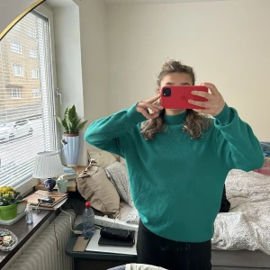 Grön stickad polotröja - Snygg grön stickad polotröja, osäker på storleken då lappen är avklippt men skulle tippa på M/L. Säljer då den inte riktigt kommit till användning 
