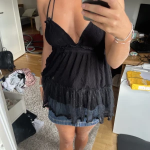 Svart klänning/topp - Jättefin svart klänning/topp. Det ska vara en klänning, men på mig som är 173 är den för kort. Så funkar bra att ha som linne över typ en kjol(som första bilden)