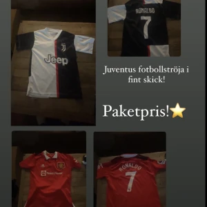 Fotbollströjor - Säljer dessa fotbollströjor i paketpris. Manchester United kit (shorts och tshirt) fint skick. Jag är ca 170 och skulle säga att United tröjan passar sig runt 165. Juventus tröjan liten storlek, fint skick men lite mindre i storleken 152.