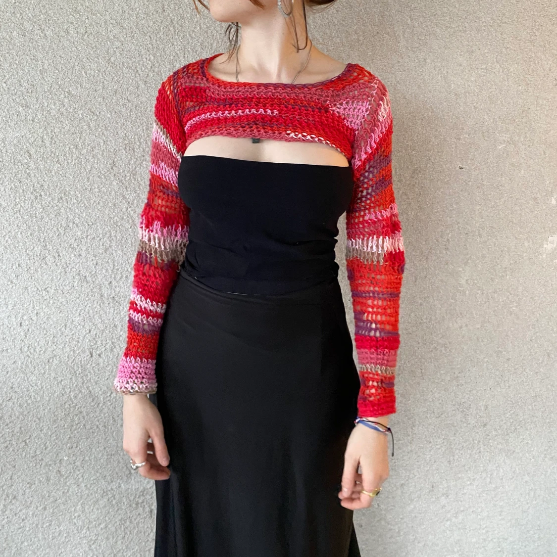 Virkad röd kort tröja  - 90