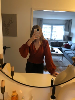Topp från Gina Tricot - Jättefin, och luftig topp, lite mörk burnt orange i färgen skulle jag säga. Pösiga ärmar och väldigt djup V-ringning. Använt endast 1 gång. Katt finns i hemmet!