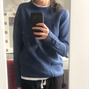 Stickad tröja  - Säljer en marinblå, ”ish” stickad tröja från New Yorker, herravdelningen. Sparsamt välanvänd under sommaren 22, har de senaste månaderna legat i garderoben. Inte så töjbar vid halsringen. Köparen står för frakten😇