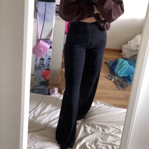 Svart highwaist byxor - Säljer dessa svarta byxorna från bikbok. Dom är highwaist med en dragkedja i sidan. Dom är använda men inga hål eller fläckar. 