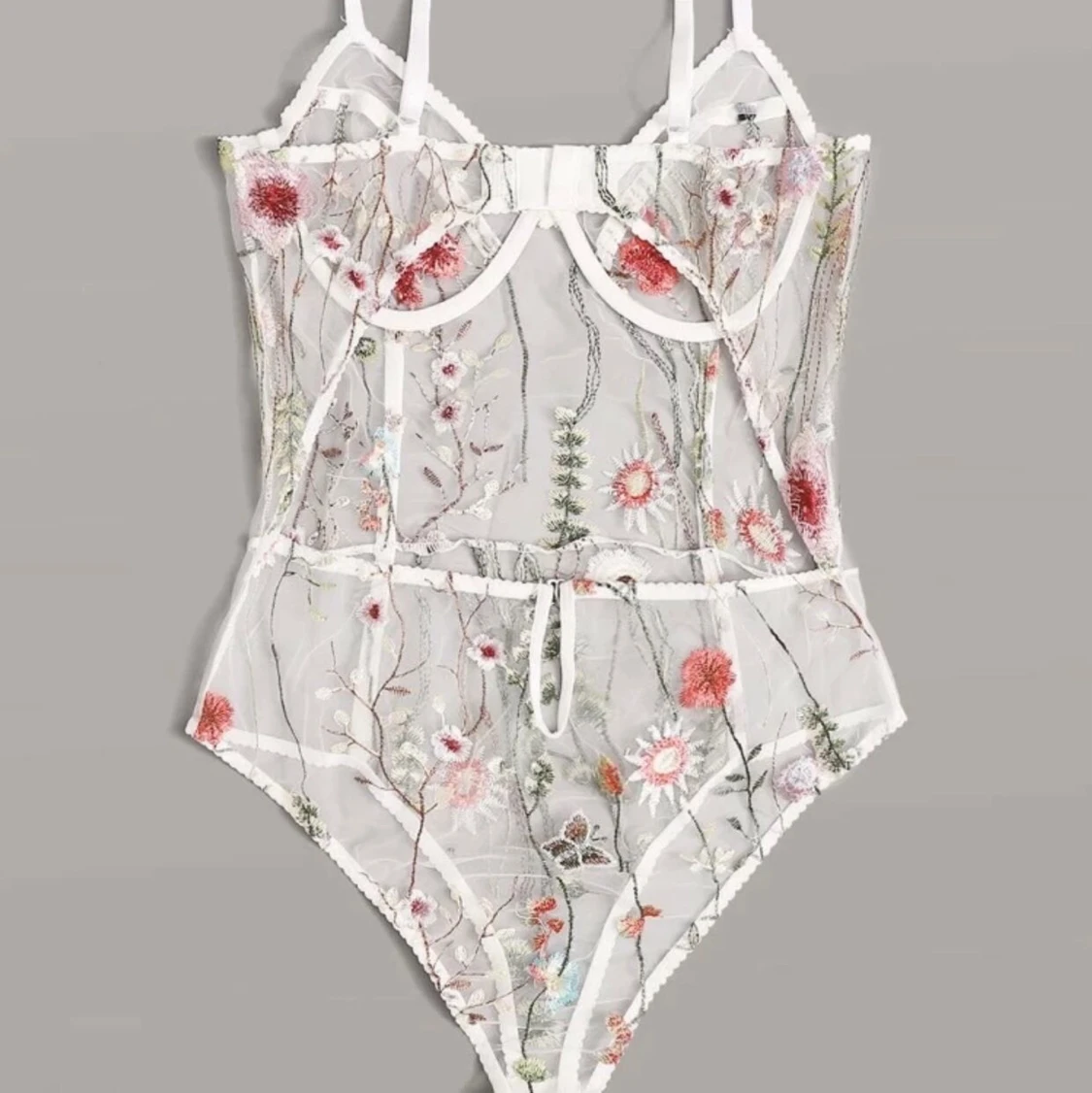 Floral Embroidered Mesh Underwire Teddy Bodysuit - 90