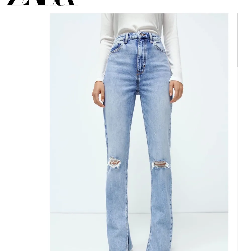 Fina jeans från zara, endast använd en gång, i bra skick, storlek 34 men det finns mellanrum i midjan, perfekt längd för någon 165-168. Jeans & Byxor.