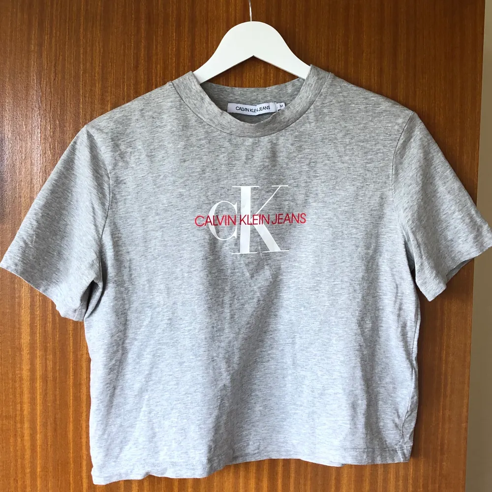 Grå croppad T-shirt från Calvin Klein storlek M, enligt mig snarare en S! Köpt förra våren från Zalando men har inte använt den lika mkt som jag önskar. Möts upp i Stockholm C (kan ev skickas) Skriv vid intresse!🥰😍. T-shirts.