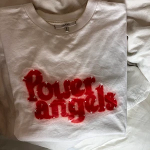 Ganni t-shirt  - Säljer min ganni t-shirt! Använd flitigt, men inga tydliga defekter, kan skicka fler bilder om det önskas. Varan går inte att köpa i butik längre, köpt för ca 500kr men säljer för 200kr! (Köparen står för frakt, spårbar ✌️) den är i storlek L, men passar mig som bär S.