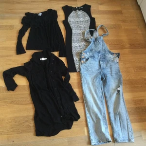Blusar, klänning ,hängselbyxor.   - 2st svarta blusar  HM 134/140 Kjol strl 140  Hängslebyxor strl 140