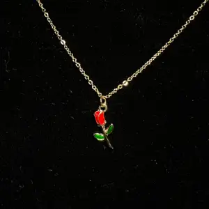 Halsband i rostfritt stål med guldplätterad emaljerad berlock, röd ros🌹 Fri frakt✨