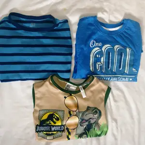 These shirts are in very good condition . The green shirt comes with the Summer hat, green shirt is just worn one time, because it was small for my child. other two shirts are also in good condition.