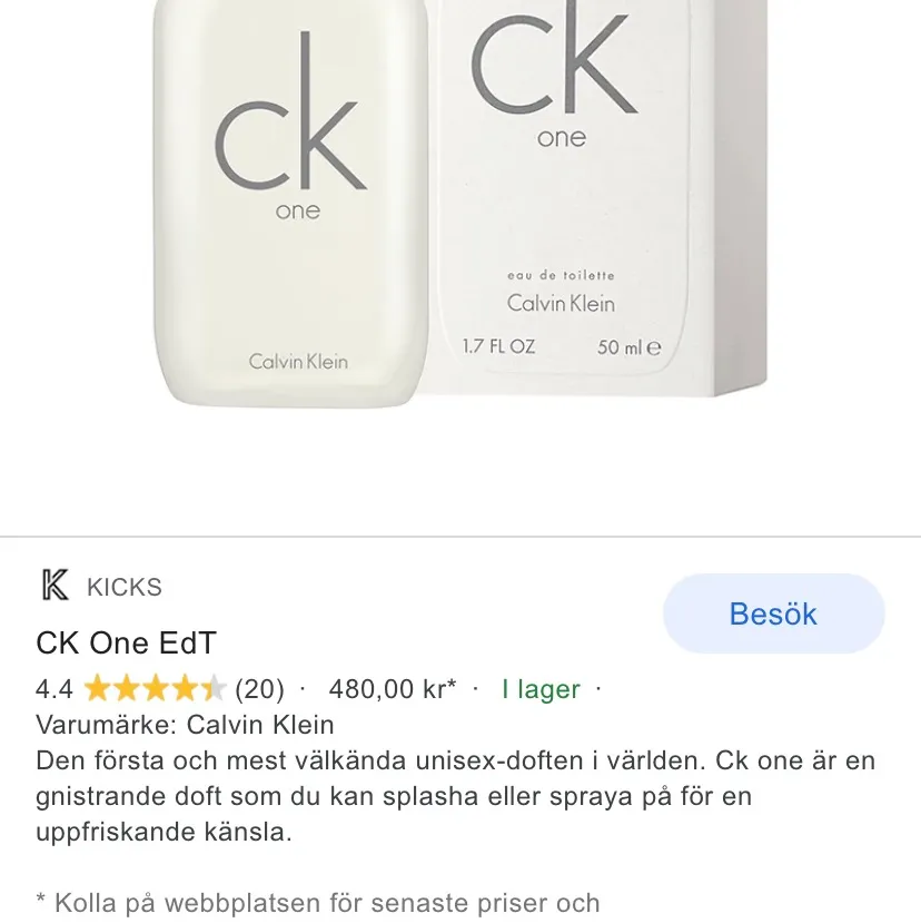 Säljes en helt oöppnad, ny Calvin Klein parfym. Funkar för både kvinnor och män. Ordinarie pris är 460 kr på kicks. Övrigt.