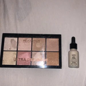 Highlightpallette och foundation - Pallette från Revolution, har endast swatchat vissa färger men annars är den oanvänd. Utsidan är lite repig pga legat i en låda med massa andra saker. Foundation i färgen 01 Pale oanvän. Pris: båda för 120kr. Pris/styck: paletten 50kr och foundation: 80kr