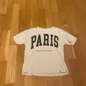 Vit t-shirt med PARIS-tryck från Zara - Vit t-shirt från Zara med stort svart PARIS-tryck och koordinater på framsidan. Klassisk rund hals och korta ärmar. Perfekt för en avslappnad och trendig look.