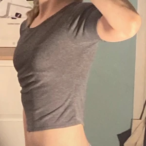 Grå croppad topp - Säljer en stilren grå croppad topp med korta ärmar. Perfekt för en avslappnad look. Toppen har en tight passform och är tillverkad i ett mjukt material.