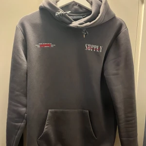 Grå hoodie Supply & Demand  - Mörkgrå hoodie från Supply & Demand med stor grafisk ängel och text på ryggen samt mindre tryck fram. Tröjan har huva med snörning och en stor magficka. Skön och avslappnad passform, perfekt för kalla sommarnätter 