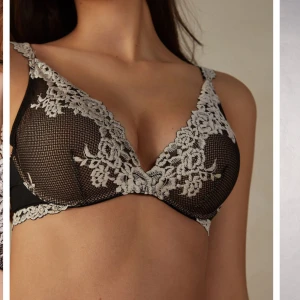 Helt ny Intimissimi bh - Elegant svart bh med vacker vit spets och blommönster. Den har en v-ringad design och ger en sofistikerad look. Perfekt för att känna sig extra fin. Köpt från Intimissimi för 519 + 99kr frakt och den är helt ny!!!! Men råkade ta bort lappen innan jag testade den och den passade tyvärr inte mig💗