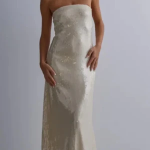 Champagnefärgad paljettklänning från Nelly - Säljer en elegant långklänning från Nelly i champagnefärgat tyg med paljetter. Klänningen är axelbandslös och har en figurnära passform som ger en lyxig känsla. Aldrig använd prislapp kvar!