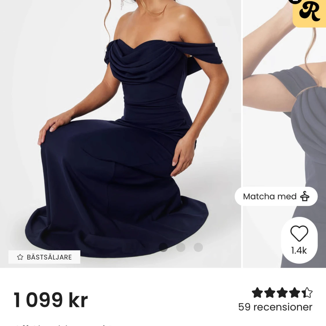 Mörkblå långklänning med drapering - 4