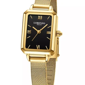 Guldfärgad klocka Lorenzo Milano - klocka från Lorenzo Milano med rektangulärt svart urtavla, romerska siffror och guldfärgat mesh-armband. Klockan har en elegant och modern design med metallarmband och tydliga detaljer i guld. Perfekt accessoar för att lyfta din outfit. En nära till mig ville inte ha den så jag säljer den! 🩷skriv ifall ni vill köpa 