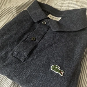 Mörkblågrå pikétröja från Lacoste - Snygg mörkgrå pikétröja från Lacoste! Endast använd fåtal gånger och säljer då den är för stor för mig, bara att stryka den så är den som ny😁 Den består av 100% cotton och är stilren nu till sommaren😮‍💨🔥