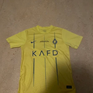 Al Nassr Ronaldo fotbollströja - Säljer en gul Al Nassr fotbollströja från Nike med blå detaljer och tryck. Tröjan har korta ärmar, klubbmärke och sponsorloggor på framsidan samt Ronaldo och nummer 7 på ryggen. Perfekt för fans av Ronaldo och Al Nassr.