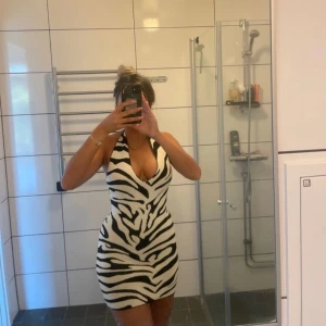 Zebramönstrad kort klänning - Snygg kort klänning med zebramönster i svart och vitt. Djup v-ringning och halterneck som ger en riktigt trendig look. Tight passform som framhäver figuren, perfekt för dig som vill sticka ut.