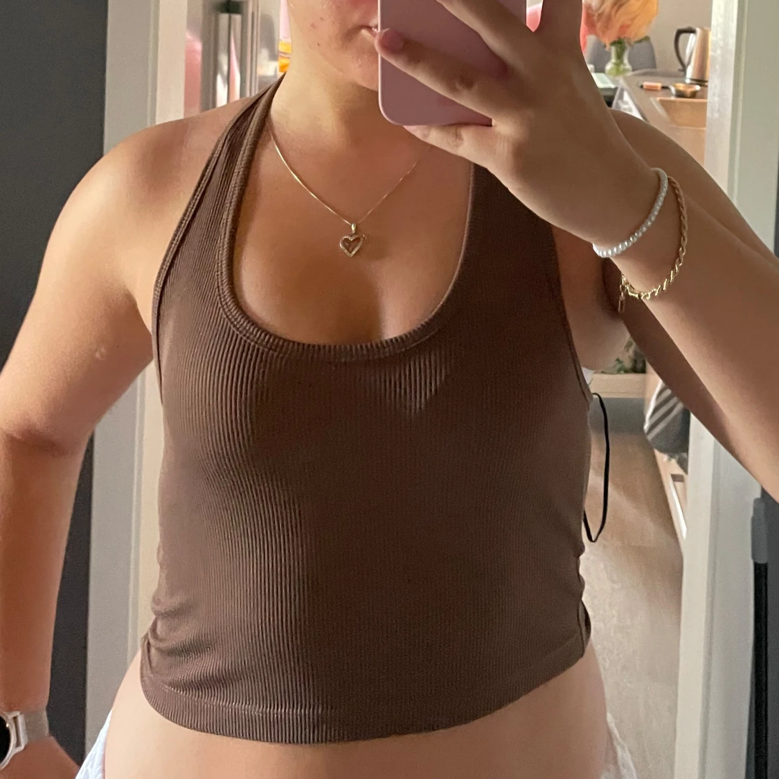 Brun ribbad halterneck linnetopp - 1