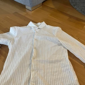 Vit randig skjorta från Zara - Säljer en vit skjorta från Zara med tunna vertikala svarta ränder. Skjortan har lång ärm, klassisk krage och knäppning framtill. Regular fit-modell som passar till många olika stilar.