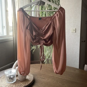 Rosa croppad topp med långa ärmar från SHEIN - Supersöt ljusrosa croppad topp från SHEIN med långa, transparenta ärmar och snygg snörning framtill. Toppen har ribbad struktur och v-ringning, perfekt för att lyfta din outfit.