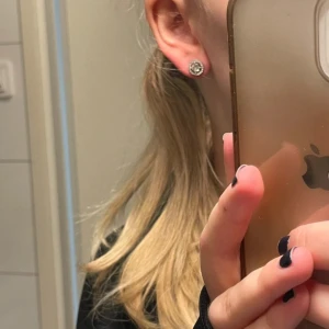 Glittriga örhängen i silverfärg - Säljer ett par runda örhängen i silverfärg med gnistrande stenar. Örhängena har en större sten i mitten omgiven av mindre stenar i en cirkel, vilket ger en elegant och glittrig look.