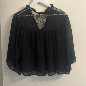 Svart blus från Zara - Säljer en elegant svart blus från Zara med transparenta detaljer och broderade prickar. Blusen har långa ärmar och en luftig passform, perfekt för en stilren look. Den har en vacker spetsdetalj vid halsen som ger en extra touch av elegans.