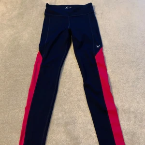 Blå och rosa leggings - Snygga blå leggings med rosa sidopaneler. Perfekta för träning eller en aktiv dag. De har en hög midja för extra komfort och stöd.